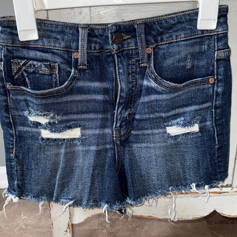 Buckle Distressed Jean Shorts - Dark Blue